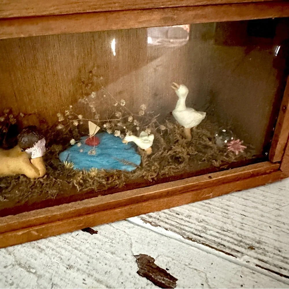 Vintage Boy at a Pond with Ducks Sailboat Diorama Antique Wood Wall Hang Decor